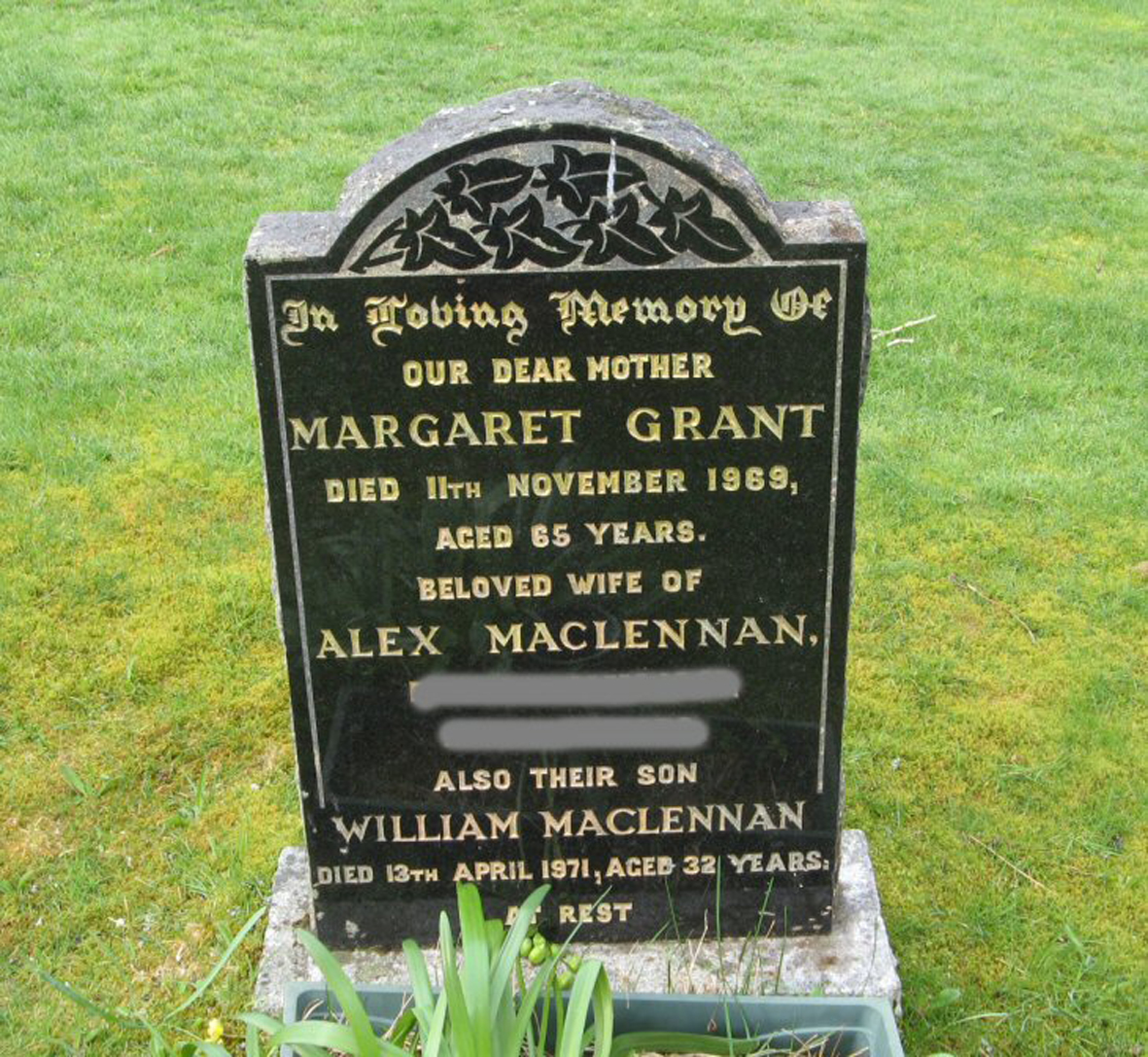 Photo of headstones/William MacLennan died 1981 MI Fodderty